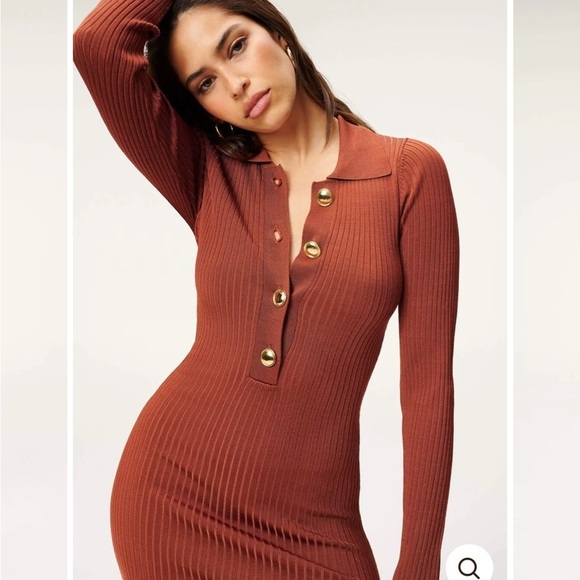 GOOD‎ AMERICAN Polo MIDI DRESS Ribbed BRICK Slit - Picture 2 of 11